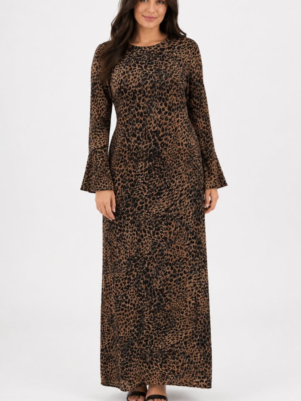Boohoo US 8 Leopard Mesh Scoop Back Bell Sleeve Maxi Dress